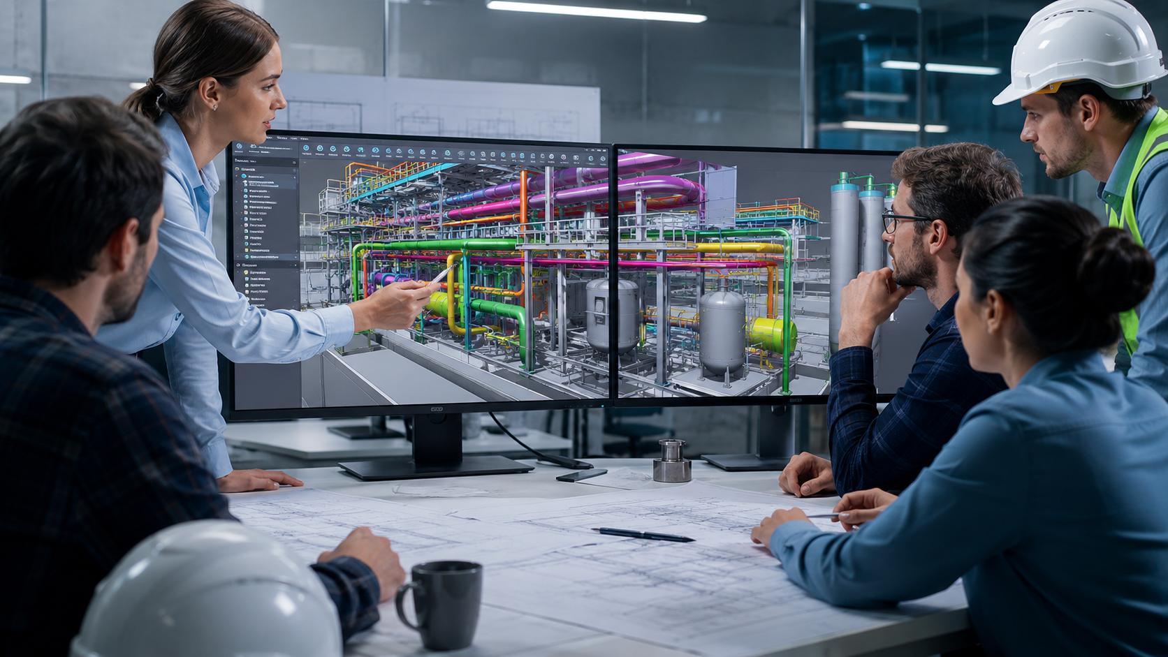 Project team coordinating a BIM model on a large display