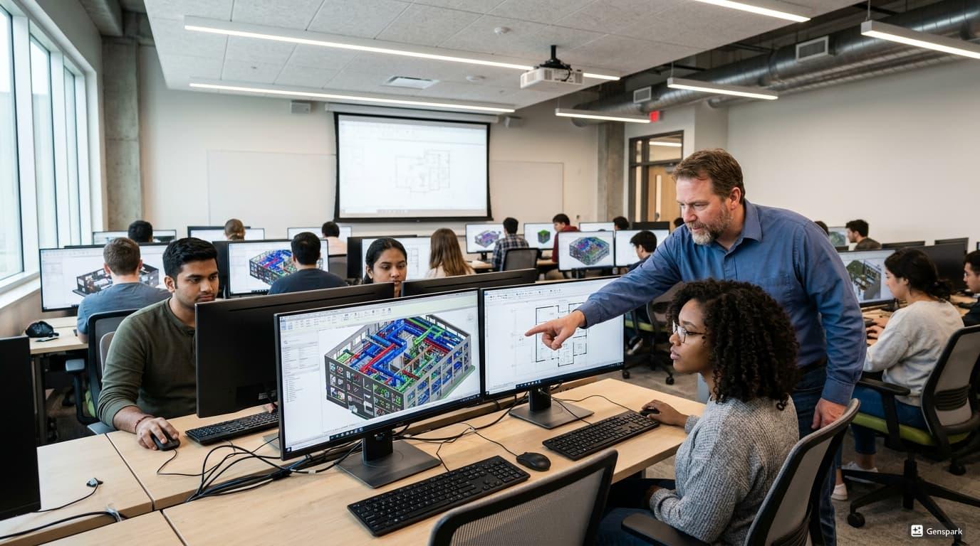 Professionals learning BIM workflows in a training environment