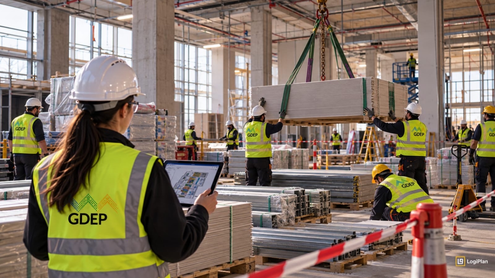 Construction logistics teams coordinating deliveries and materials on site