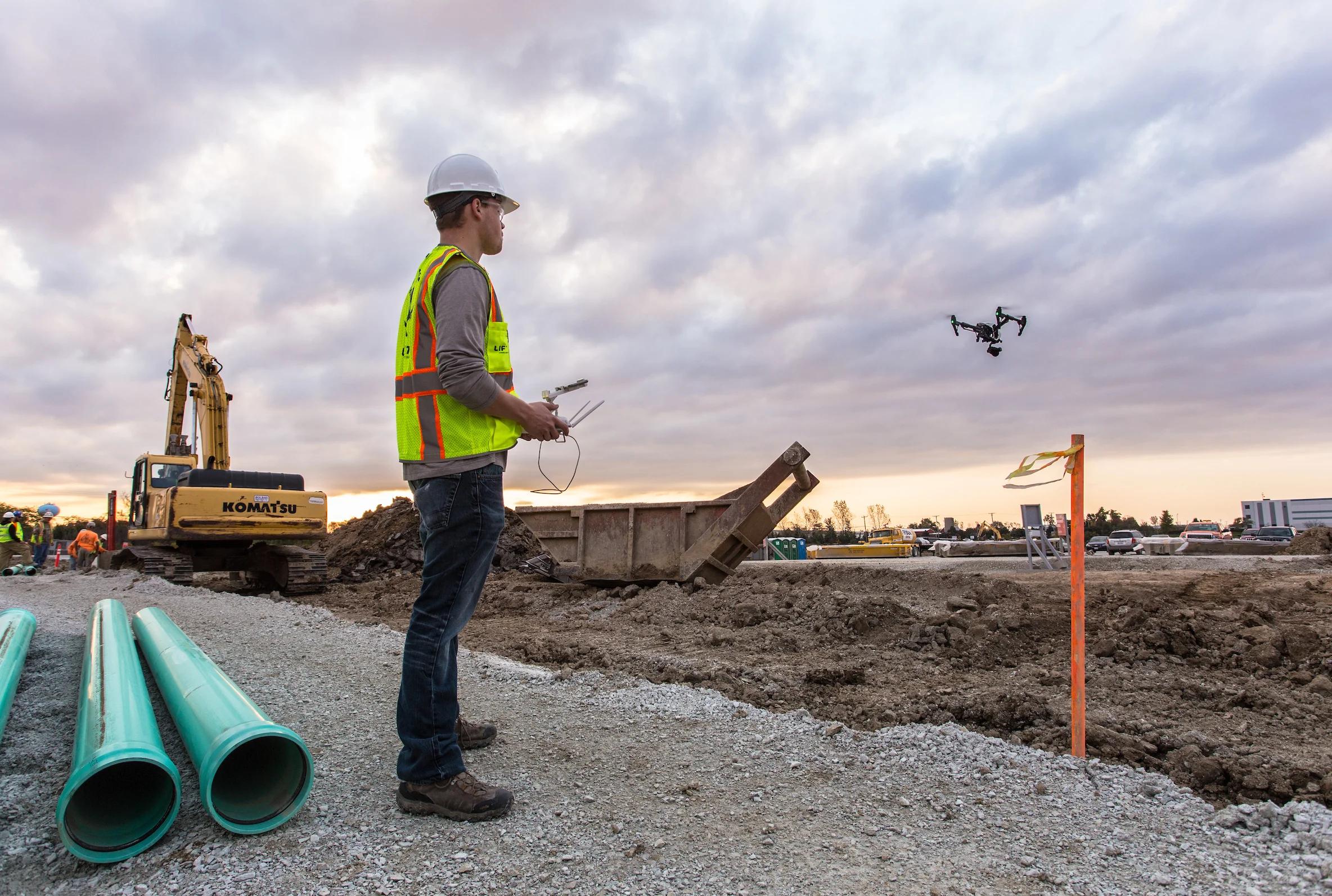 Surveying drone operation at a construction site